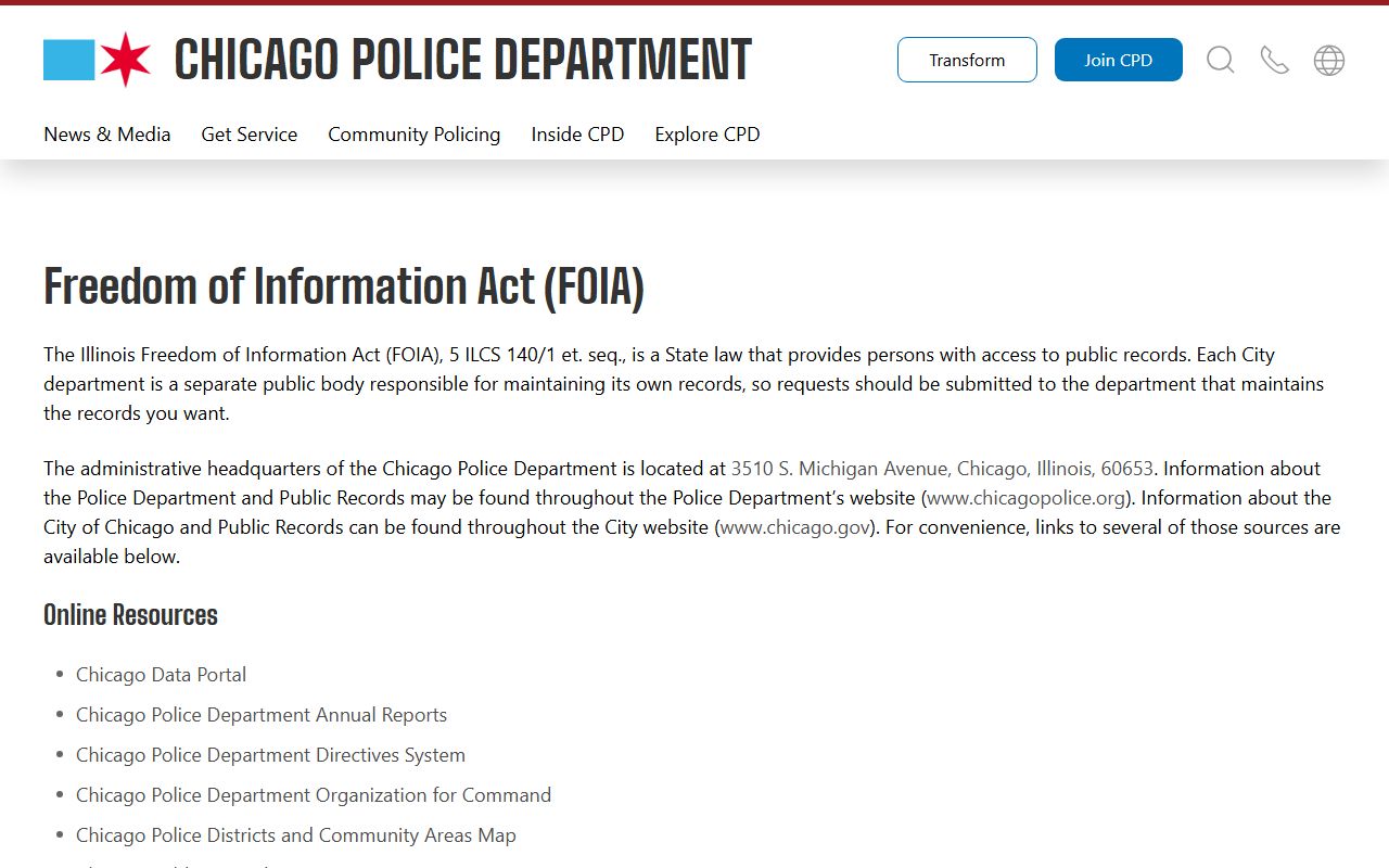 Chicago Police Department FOIA page for requesting police records