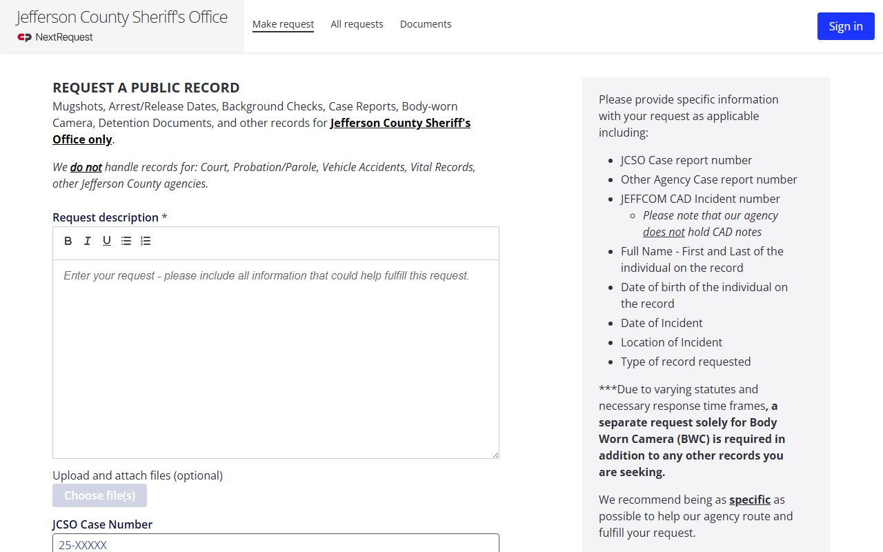 Jefferson County Sheriff FOIA portal for police records requests