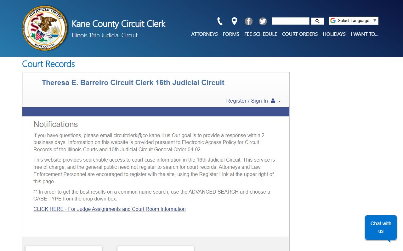 Kane County Circuit Clerk court records search page