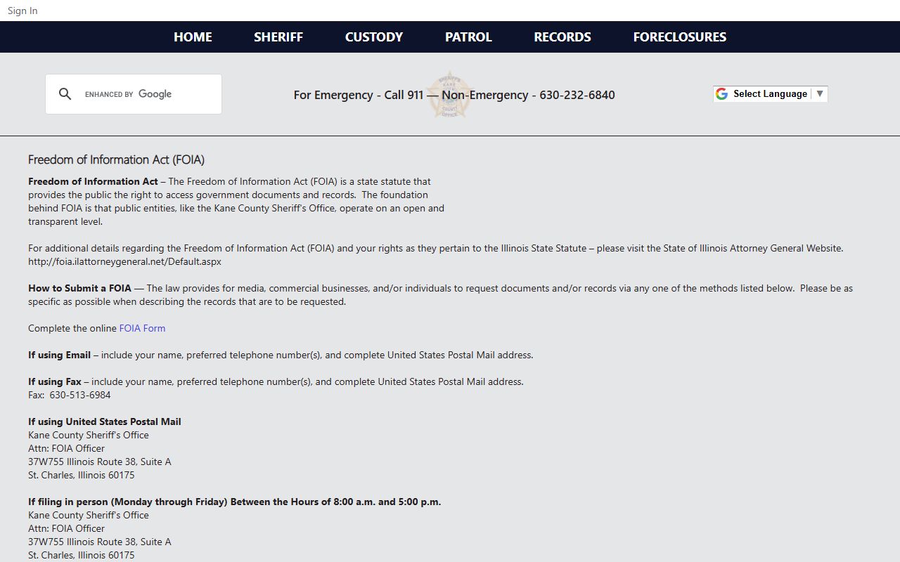 Kane County Sheriff FOIA request page for police records