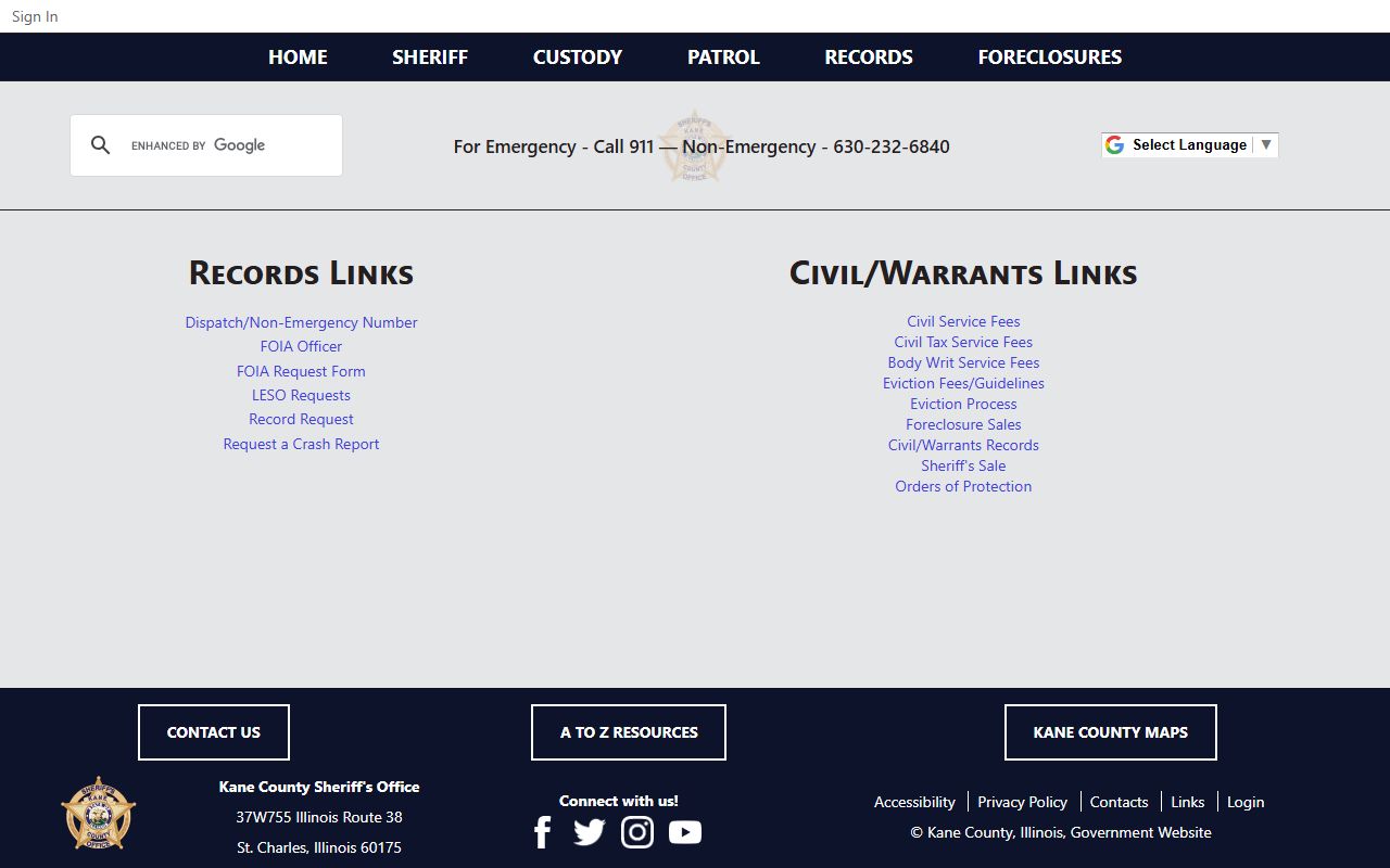 Kane County Sheriff records section for police records requests