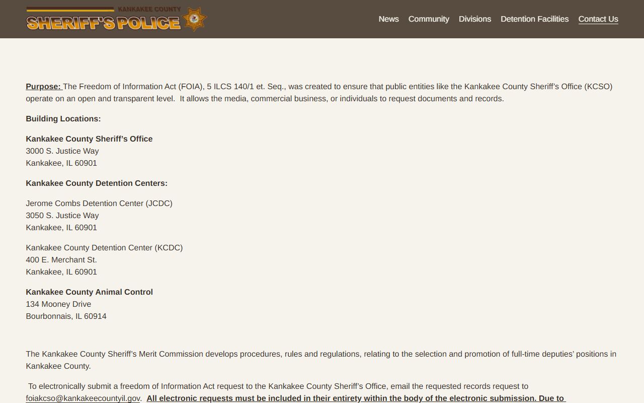 Kankakee County Sheriff FOIA request page for police records