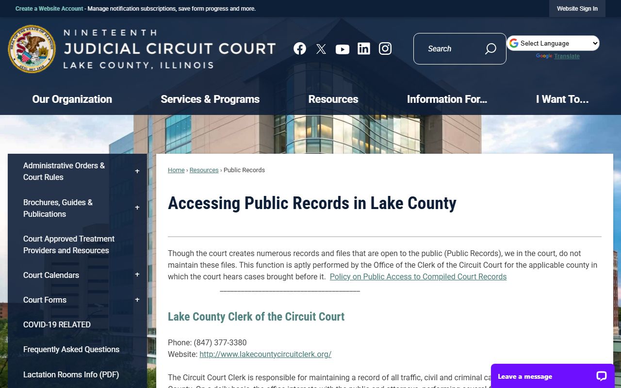 19th Judicial Circuit Court public records page for Lake County