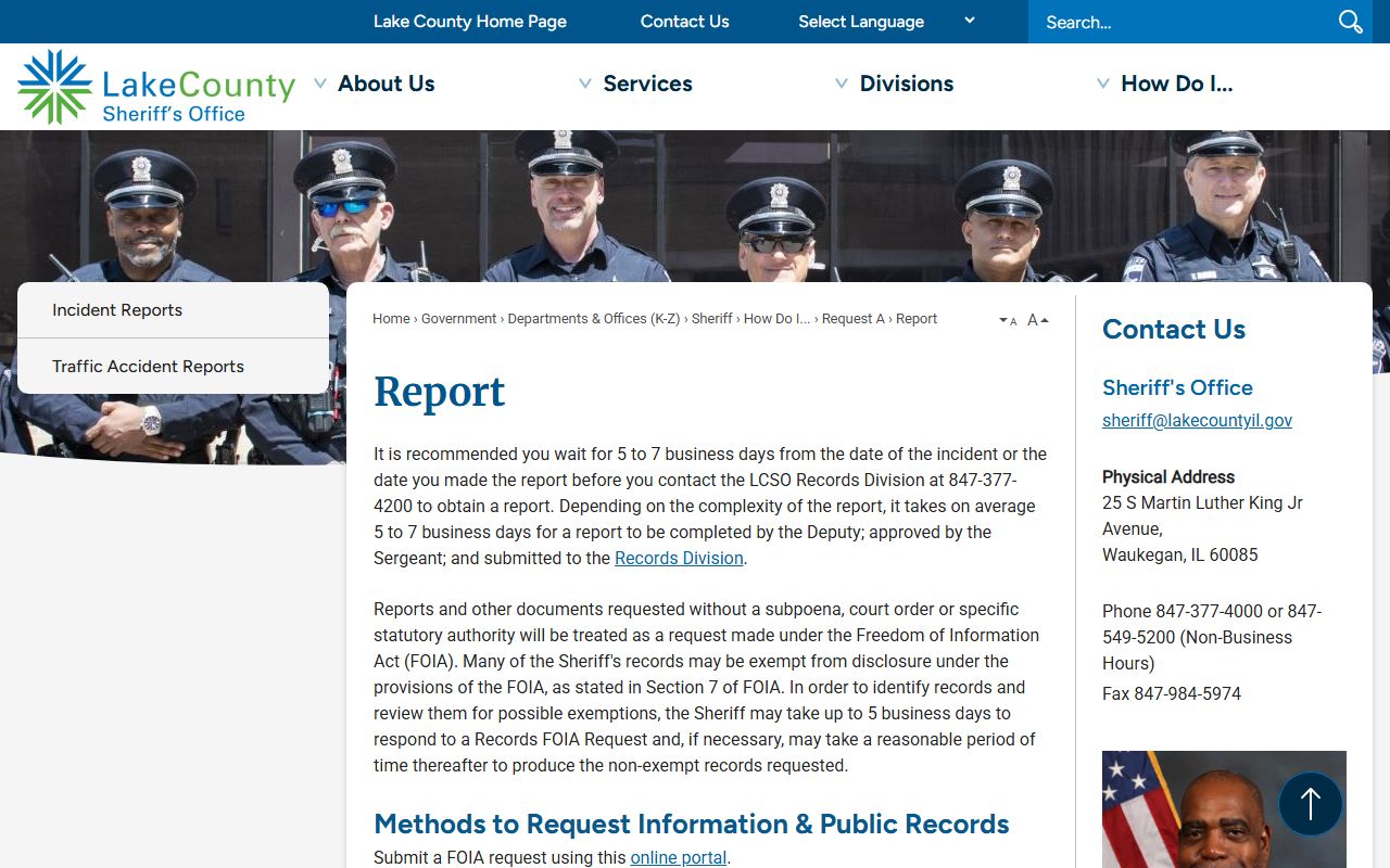 Lake County Sheriff report request information page