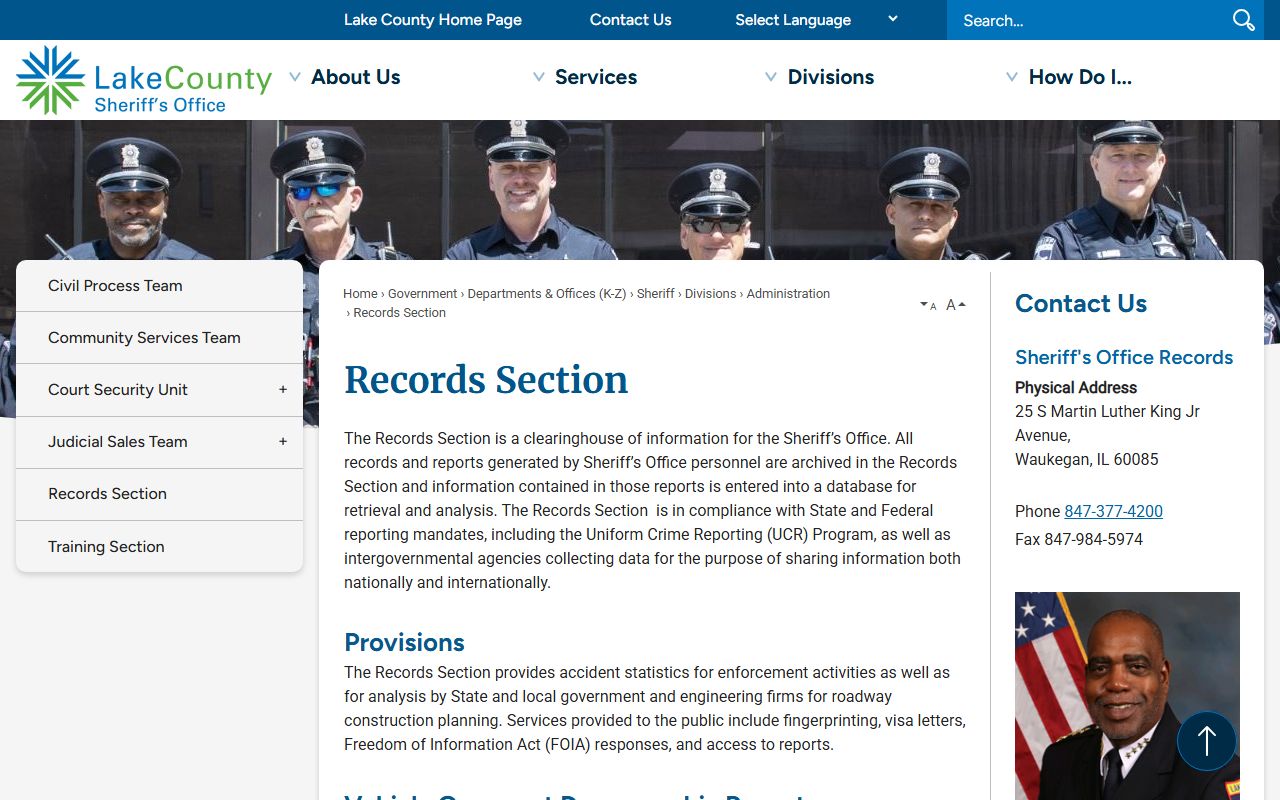 Lake County Sheriff Records Section page for requesting police records