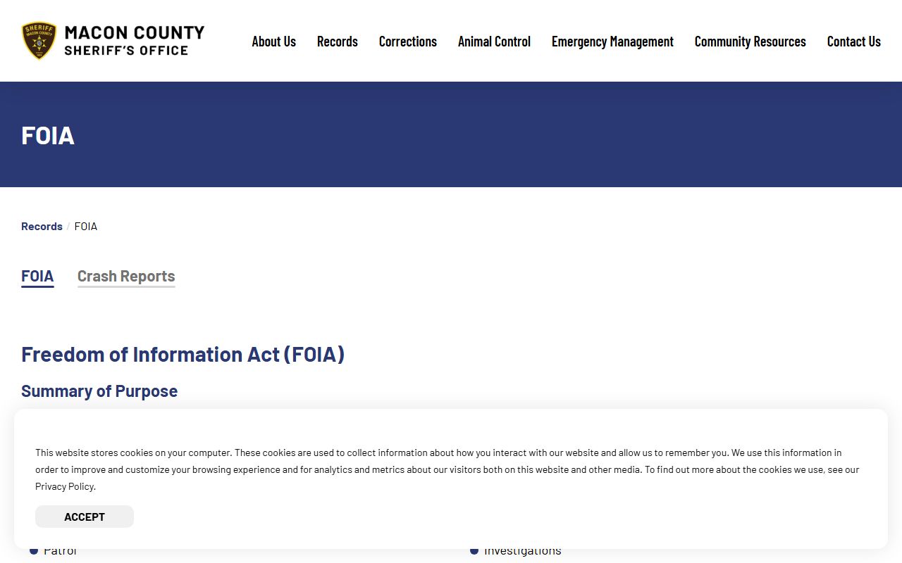 Macon County Sheriff FOIA request page for police records