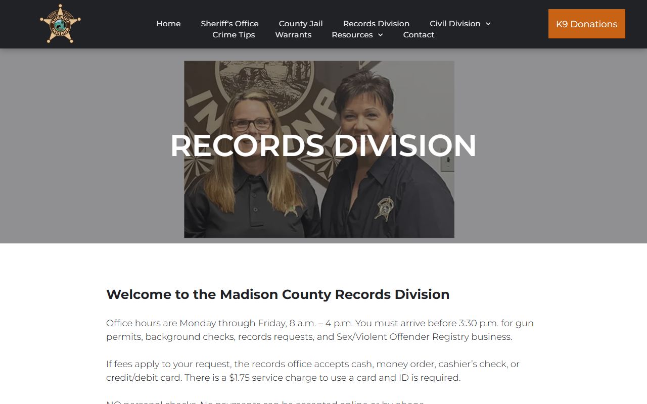 Madison County Sheriff Records Division page for police records