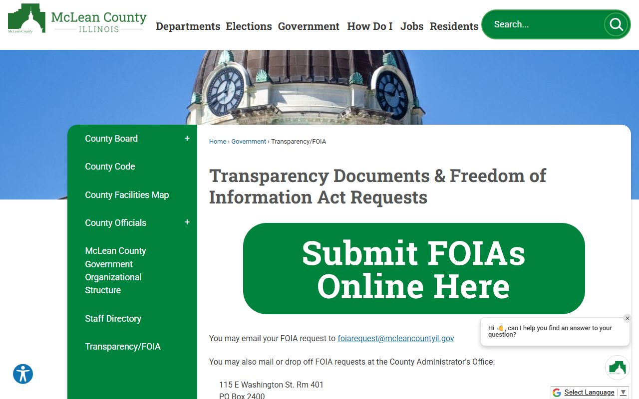 McLean County FOIA transparency page for police records requests in Bloomington