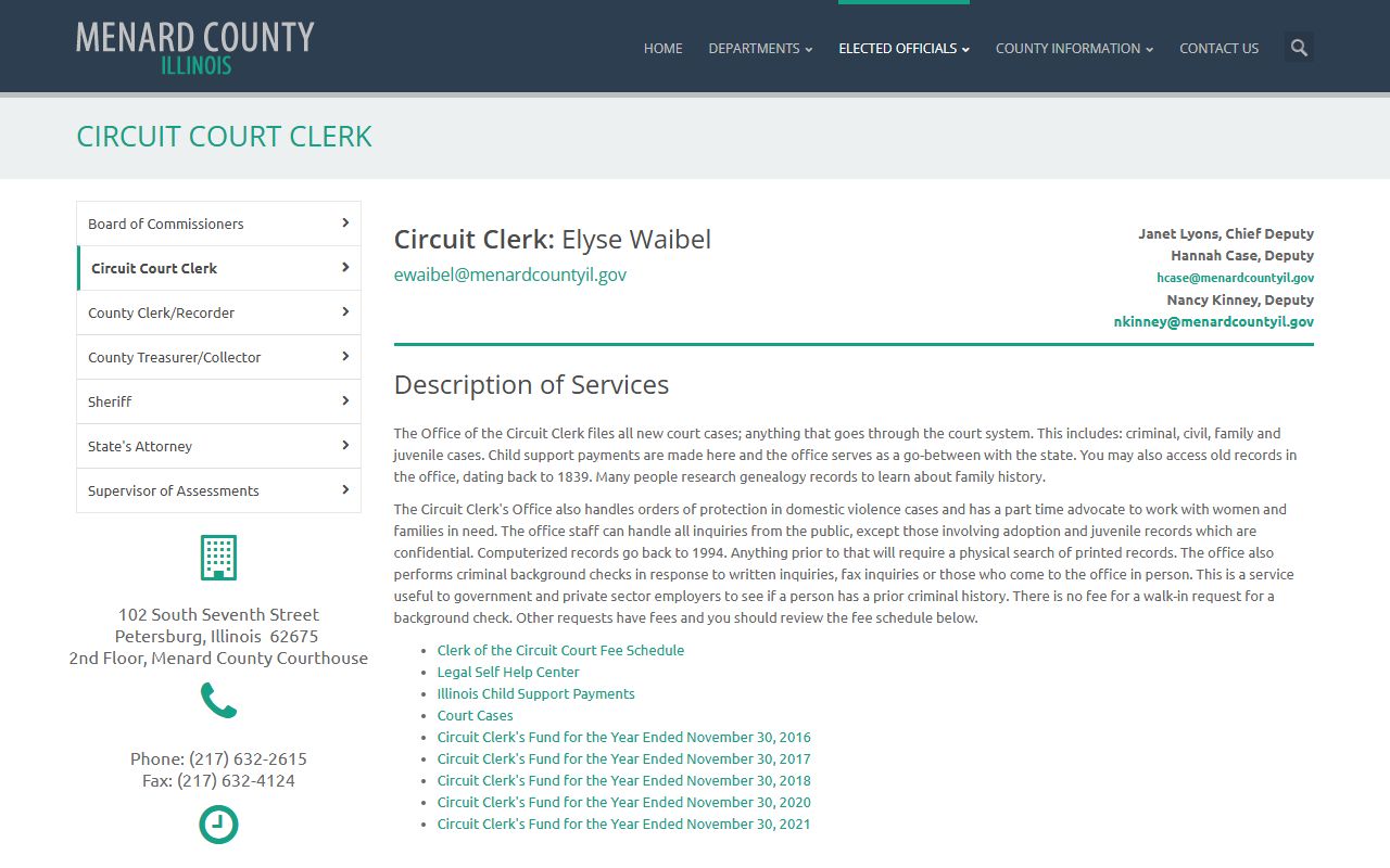 Menard County Circuit Clerk page for court records in Petersburg Illinois
