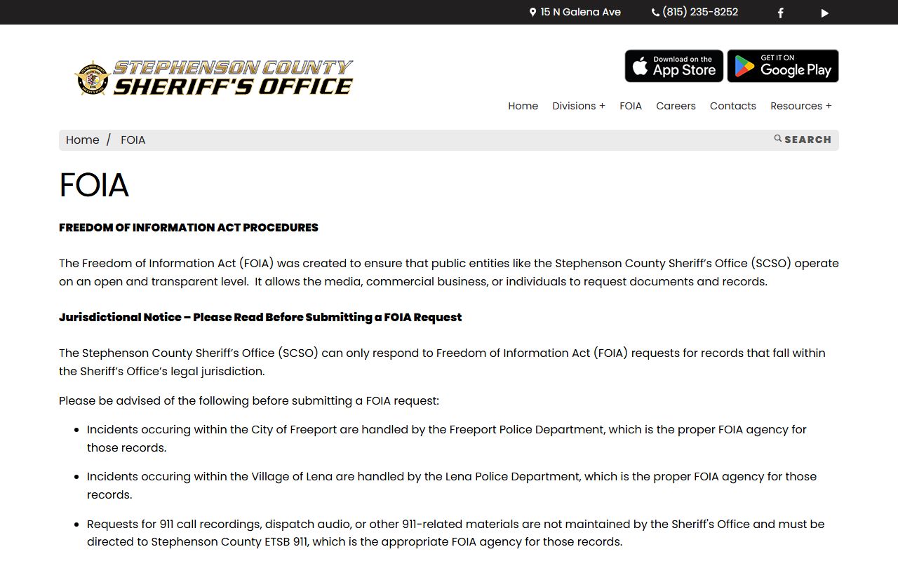Stephenson County Sheriff FOIA request page for police records