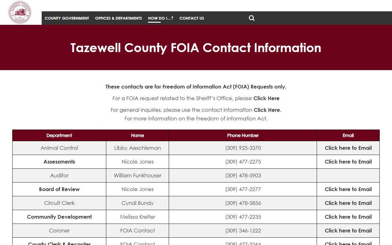 Tazewell County FOIA contacts page for police records