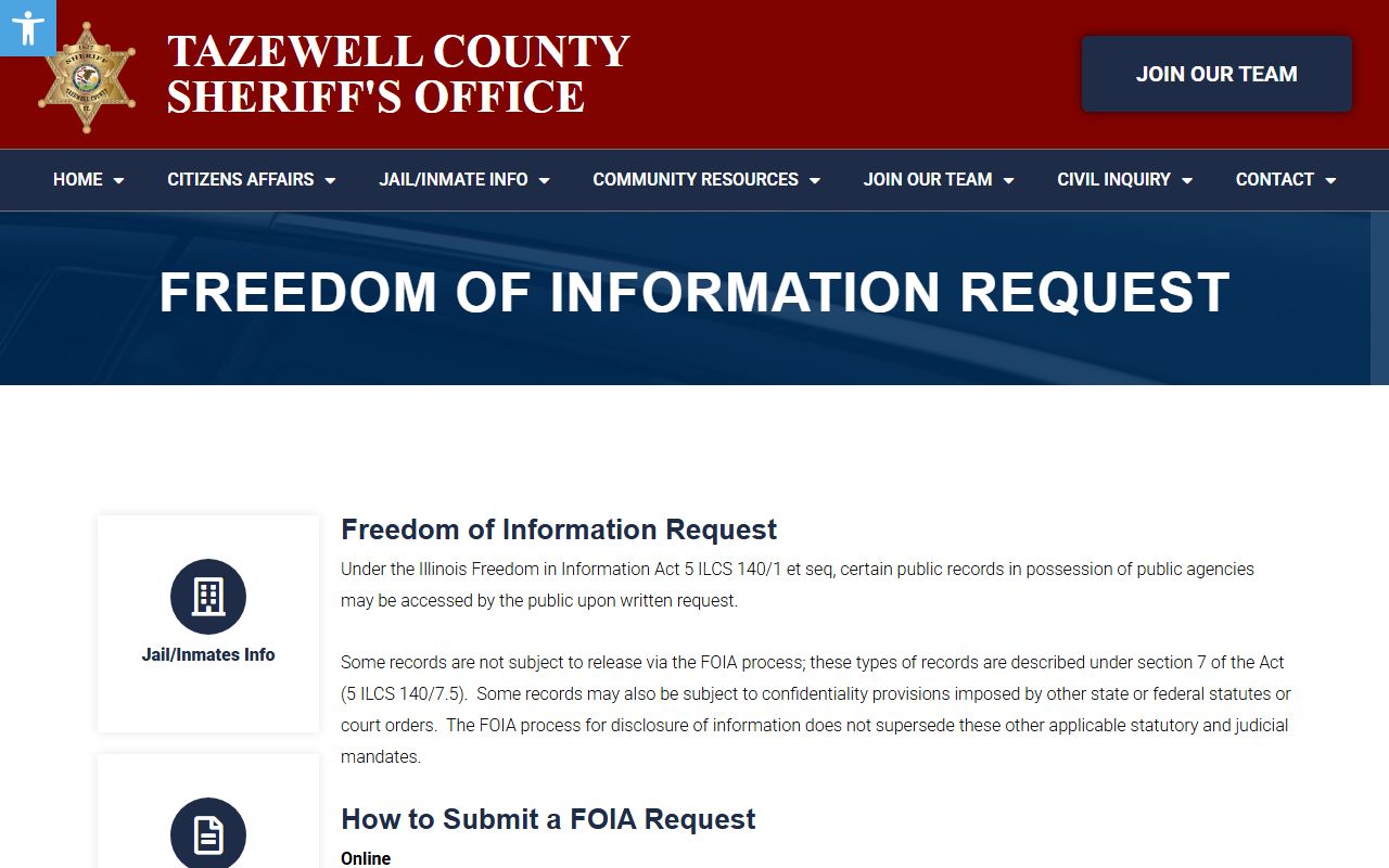 Tazewell County Sheriff FOIA request page for police records