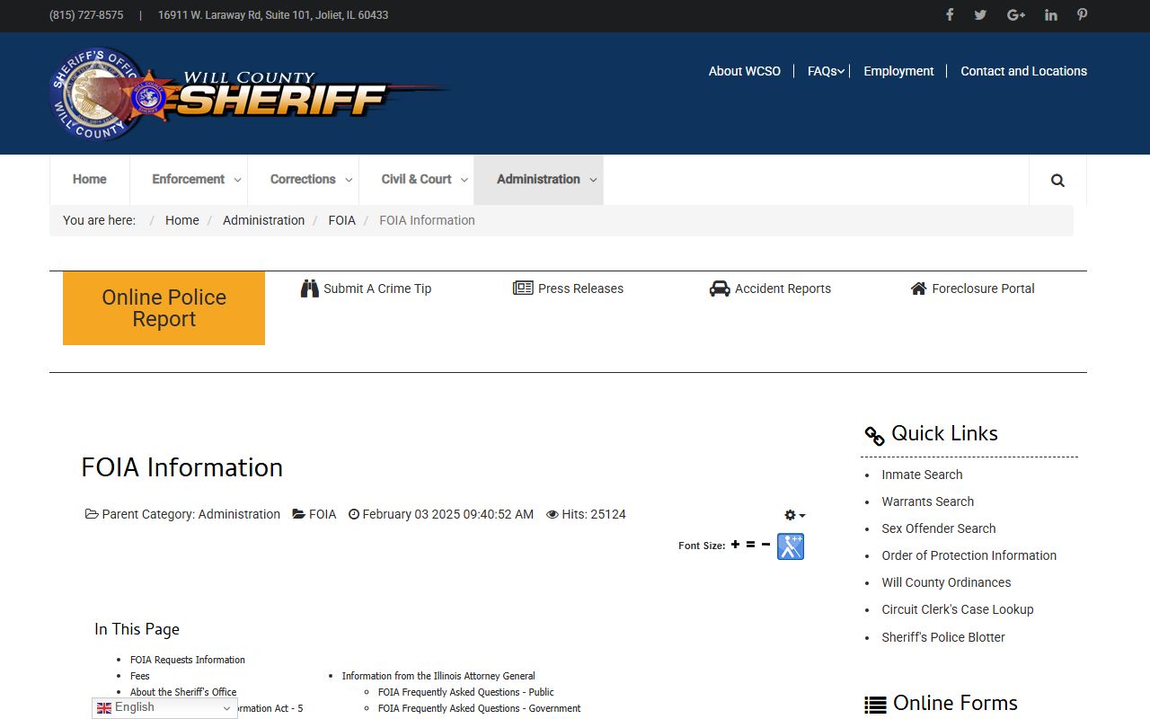 Will County Sheriff FOIA information page