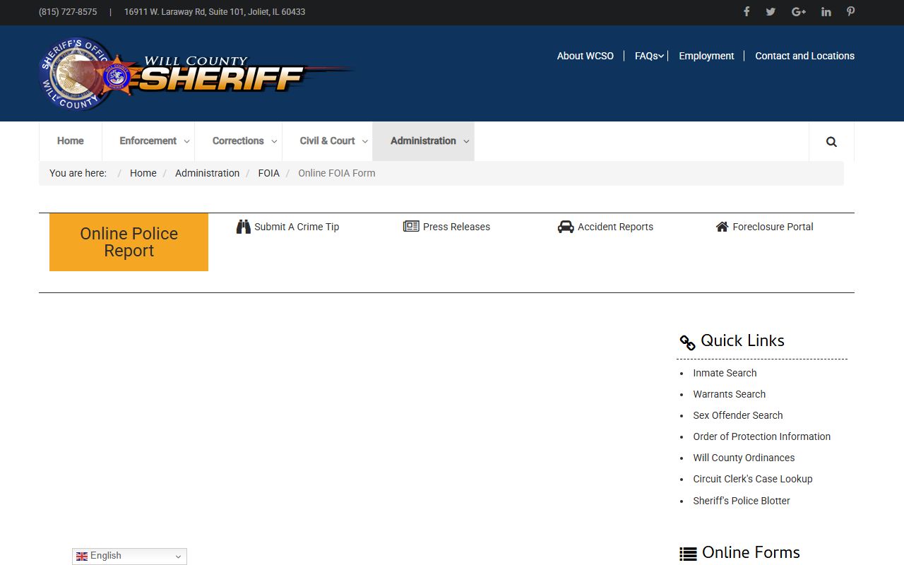 Will County Sheriff online FOIA request form