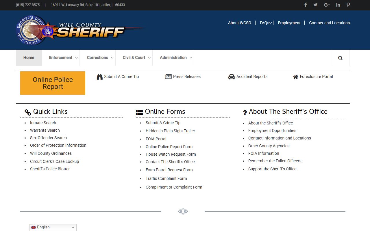 Will County Sheriff's Office website for police records
