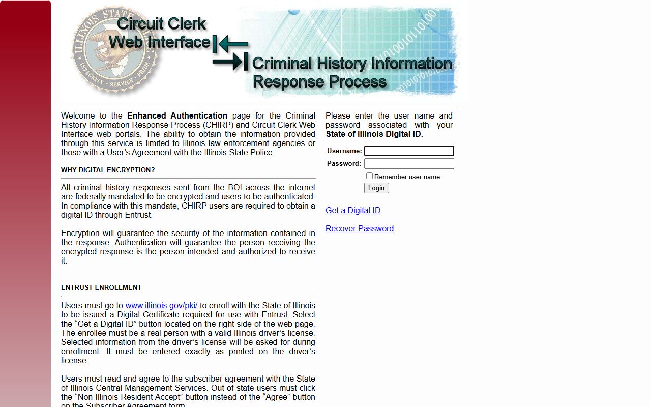 CHIRP login portal for Illinois police records searches