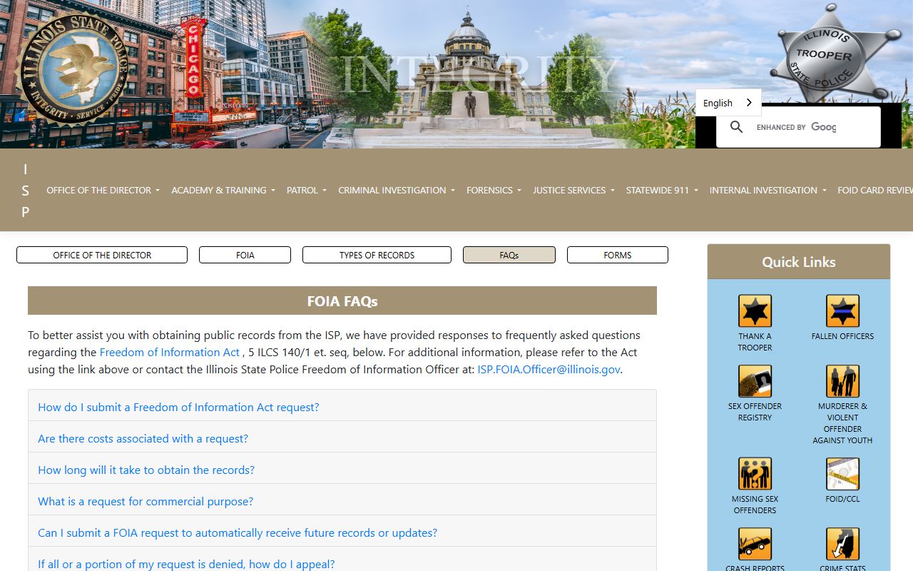 Illinois State Police FOIA FAQ page for police records