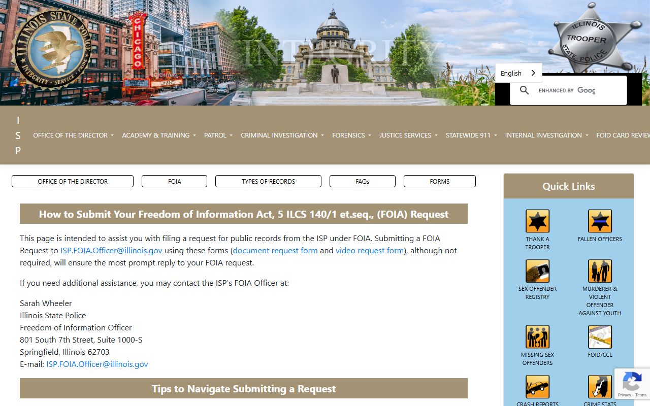 Illinois State Police FOIA request page for police records