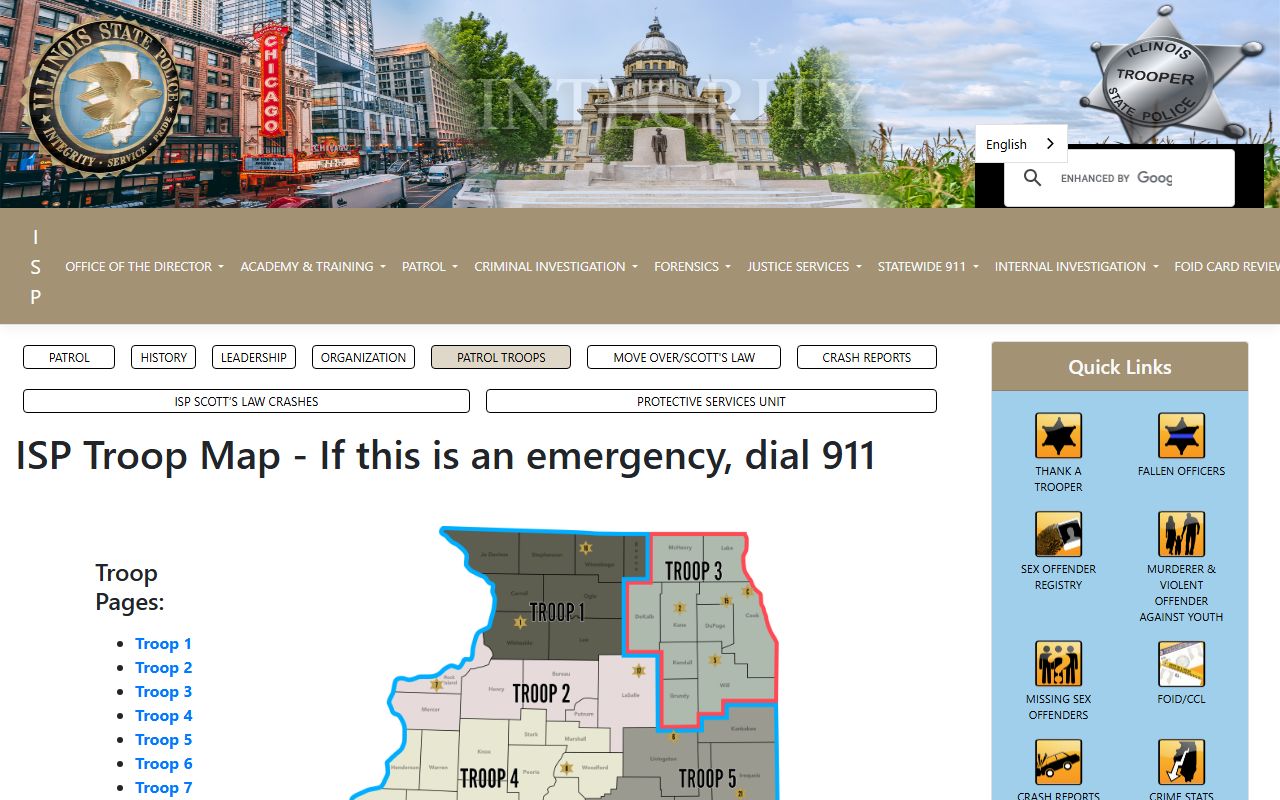 Illinois State Police troop map for police records by region